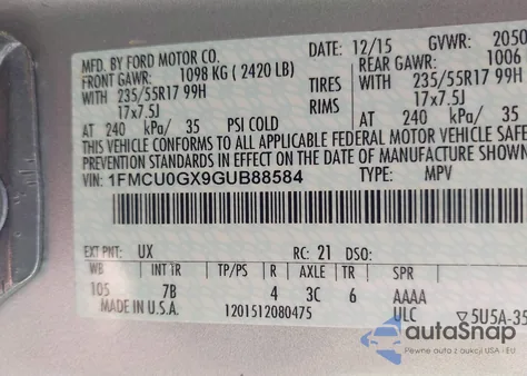 2016 Ford Escape Se from USA, damaged, VIN 1FMCU0GX9GUB88584